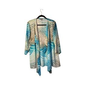 JM Collection Woman’s Open Front Blue & Tan Cardigan Size Large